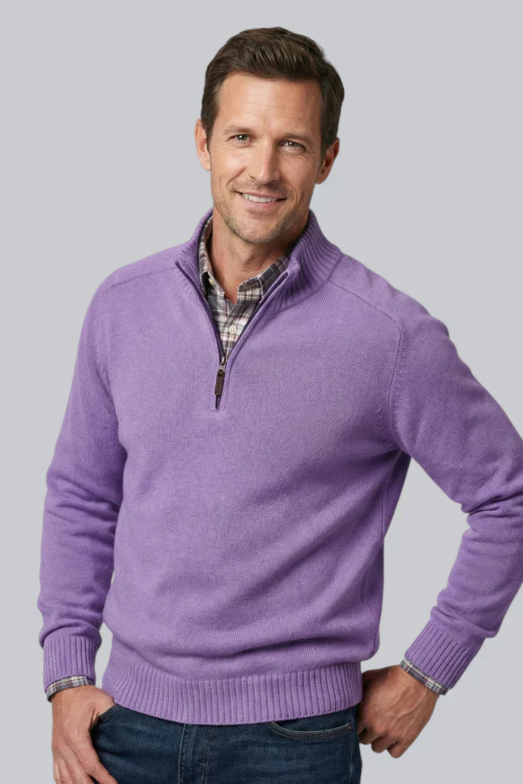 Men’s Knitted Quarter Zip Jumper with Ribbed Hem and Long Sleeves