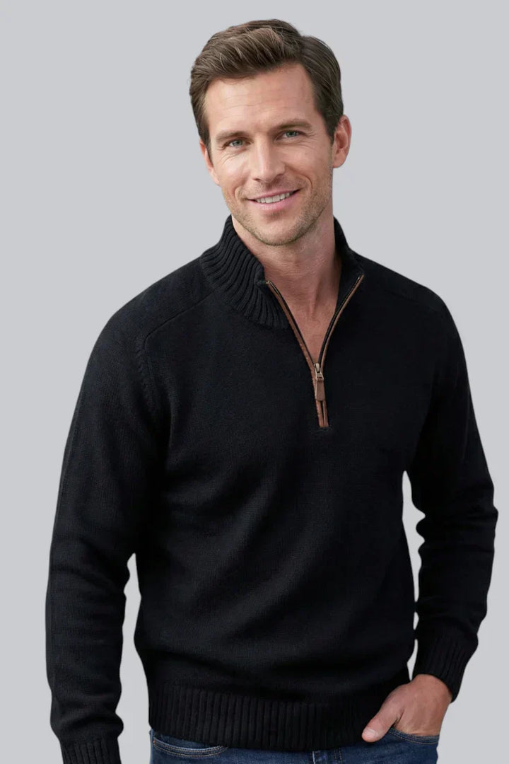 Men’s Knitted Quarter Zip Jumper with Ribbed Hem and Long Sleeves
