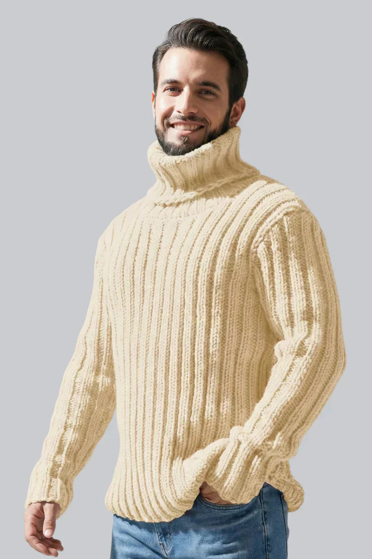 Men’s Chunky Roll Neck Jumper with Ribbed Cuffs and Long Sleeves