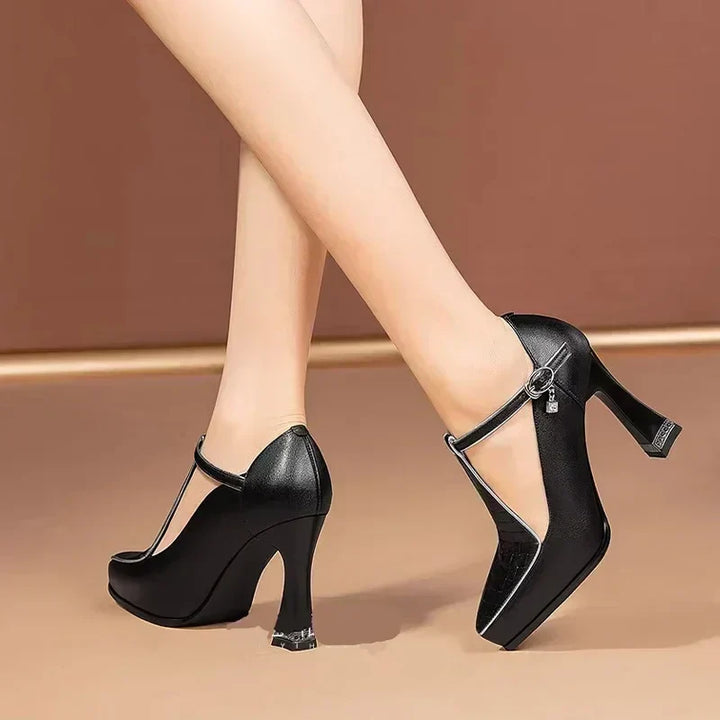 Valerisse | Women’s Crystal Heel T-Strap Pumps