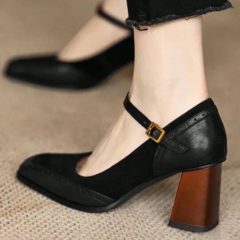 Katie | Women’s Two Tone Leather Suede Block Heel Shoes