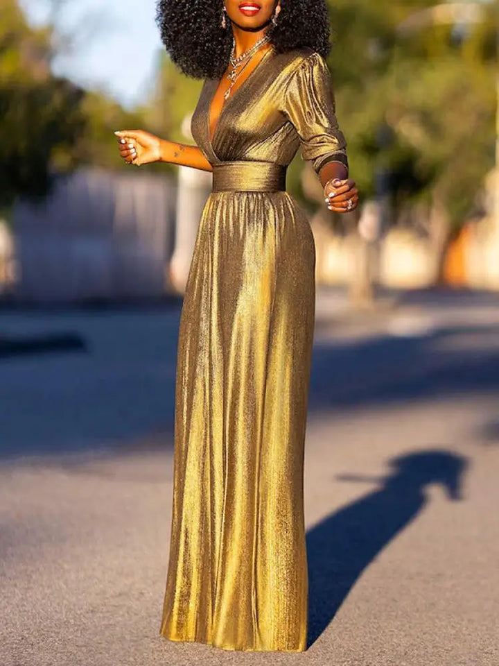Stella | Women’s Shiny V-Neck Wide Leg Jumpsuit