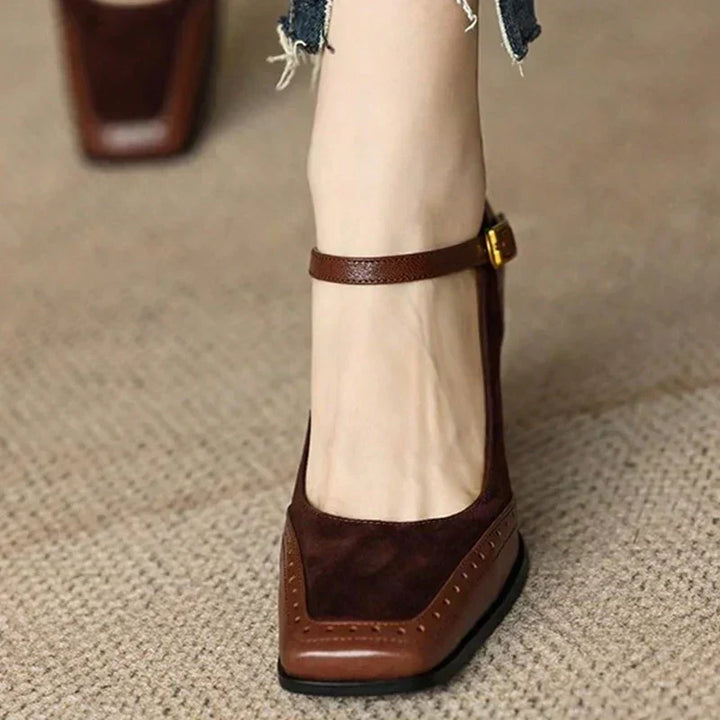 Katie | Women’s Two Tone Leather Suede Block Heel Shoes