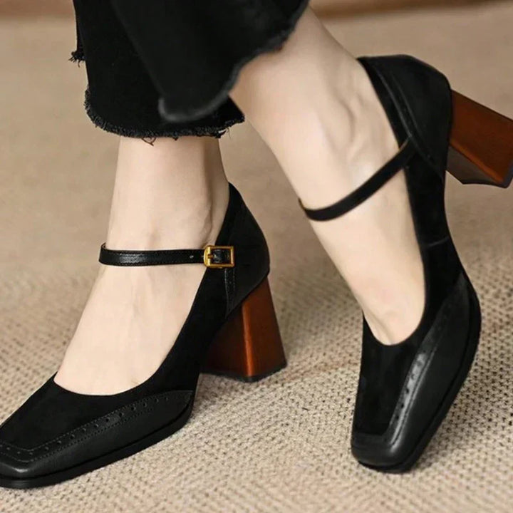 Katie | Women’s Two Tone Leather Suede Block Heel Shoes