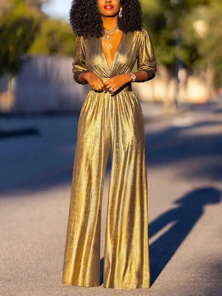 Stella | Women’s Shiny V-Neck Wide Leg Jumpsuit