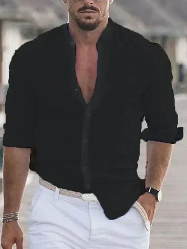Lioreno | Men’s Linen Mandarin Collar Shirt